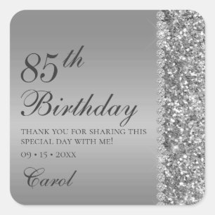 Sticker Carré Elégant Argent 85e anniversaire Merci de fête