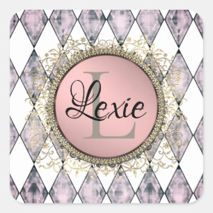 Sticker Carré Élégant arlequin rose-bleu monogramme