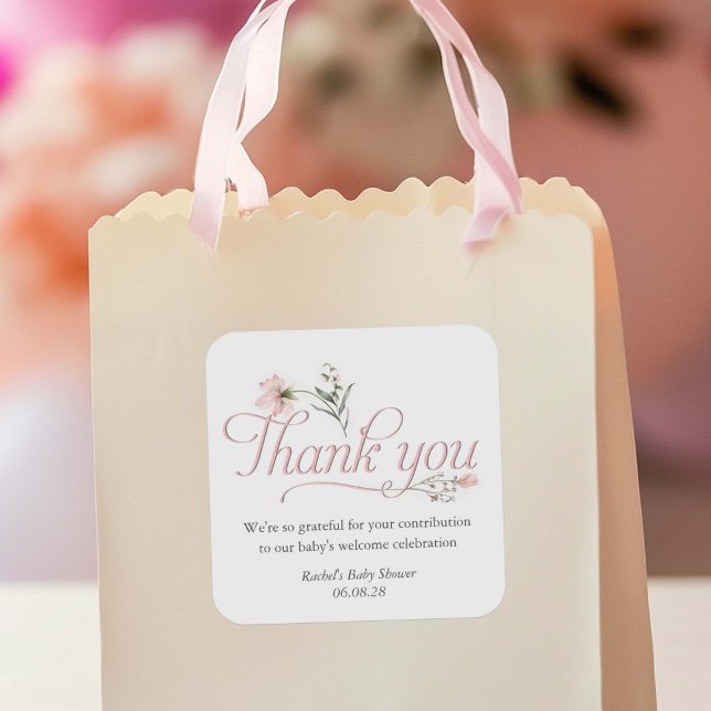 Sticker Carré Elégant Baby shower à thème Fleur sauvage merci (Elegant Pink Wildflower, Baby Girl shower favor thank you stickers.)
