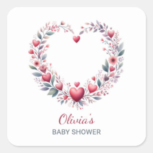 Sticker Carré Elégant Baby shower de coeur floral rouge Envelopp