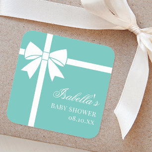 Sticker Carré Elégant Baby shower Turquoise Bleu Et Blanc Ruban