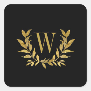 Sticker Carré Élégant Black Gold Moderne Monogramme Mariage