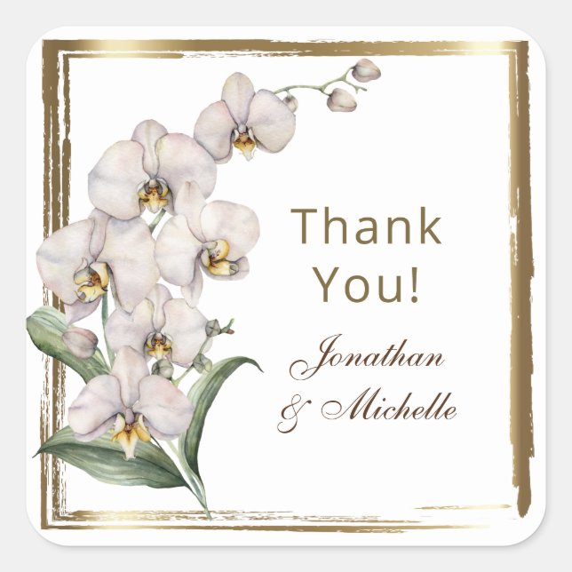 Sticker Carré Elégant blanc Orchidées Gold Frame Merci Mariage (Devant)