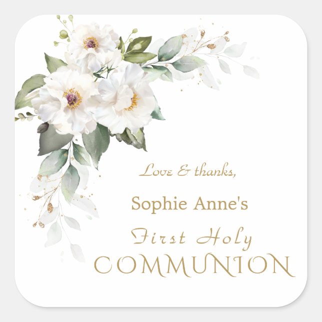 Sticker Carré Élégant Blanc Sauvage Roses Première Communion Sai (Devant)