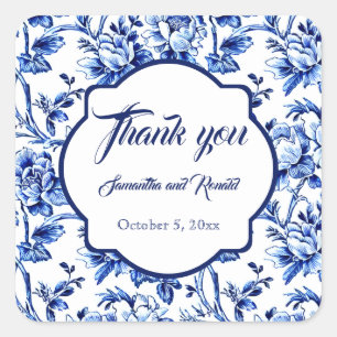 Sticker Carré Elégant Bleu Blanc Floral Toile Mariage Merci