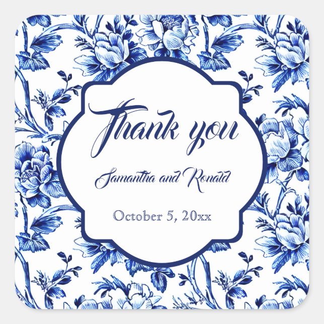 Sticker Carré Elégant Bleu Blanc Floral Toile Mariage Merci (Devant)