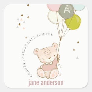 Sticker Carré Élégant Bleu Bleu Ours Blonde Enfants Monogramme