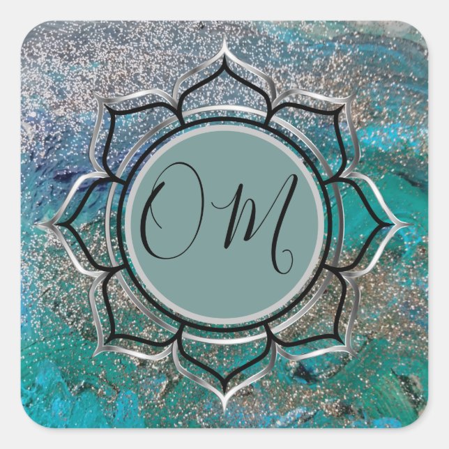 Sticker Carré Élégant bleu brillant OM Lotus (Devant)