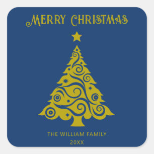Sticker Carré Elégant Bleu Joyeux Noël Arbre cadeau de vacances