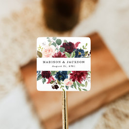 Sticker Carré Élégant Blush Bourgogne et Mariage floral de marin