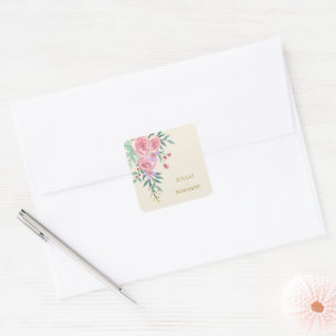 Sticker Carré Elégant Boho Blush Rose Aquarelle Mariage Floral