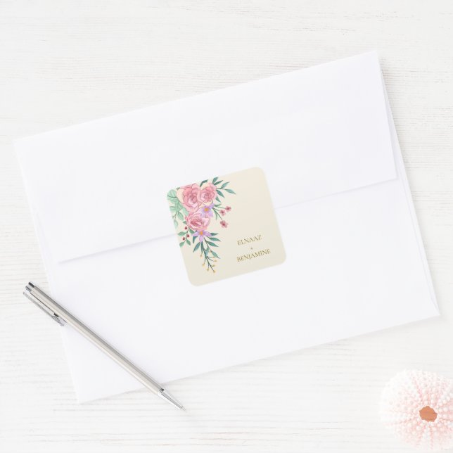 Sticker Carré Elégant Boho Blush Rose Aquarelle Mariage Floral (Enveloppe)