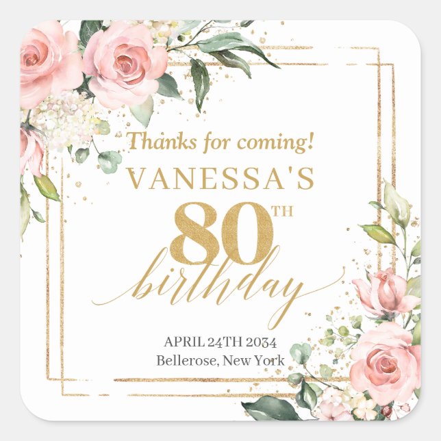 Sticker Carré Elégant boho rose rousse roses vert 80e anniversai (Devant)