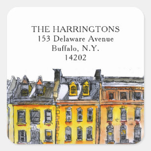 Sticker Carré Elégant Brownstone Row Houses Main-Drawn Adresse