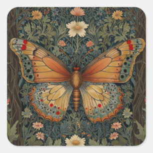 Sticker Carré Élégant buho rétro papillon botanique verdure