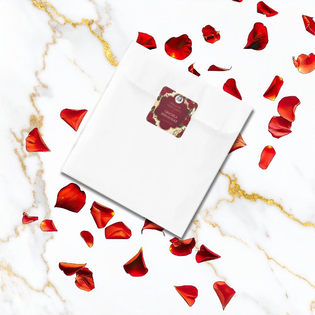 Sticker Carré Elegant Burgundy Red & Gold Rose Quinceañera  (Créateur téléchargé)