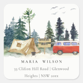 Sticker Carré Élégant Camping Watercolor Pine Forest Adresse
