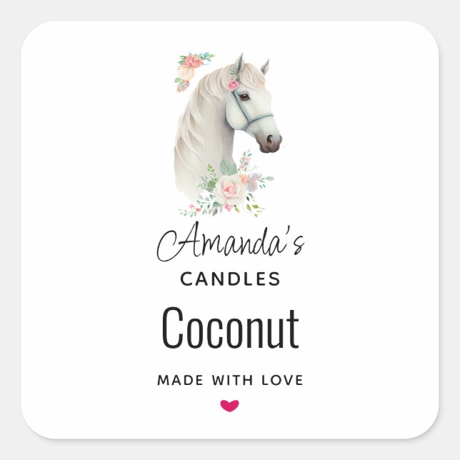 Sticker Carré Élégant Cheval Blanc Boho Floral Candle Business (Devant)