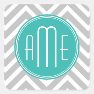 Sticker Carré Élégant Chevron Gris Moderne et Monogramme Menthe