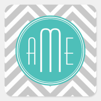 Sticker Carré Élégant Chevron Gris Moderne et Monogramme Menthe