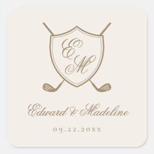 Sticker Carré Élégant Classic Crest Monogram Mariage de golf