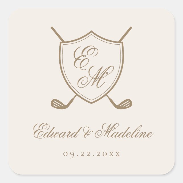 Sticker Carré Élégant Classic Crest Monogram Mariage de golf (Devant)