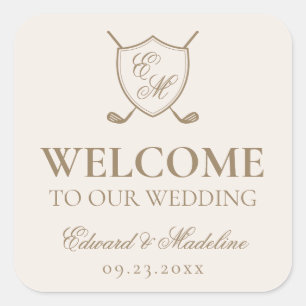 Sticker Carré Élégant Crest Monogram Golf Mariage Welcome Bag