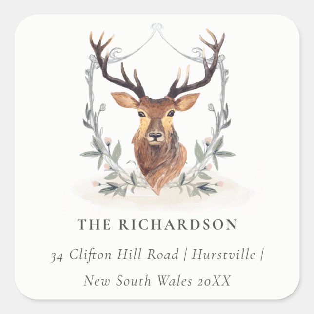 Sticker Carré Élégant Cute Dusky Deer Floral Crest Adresse (Devant)