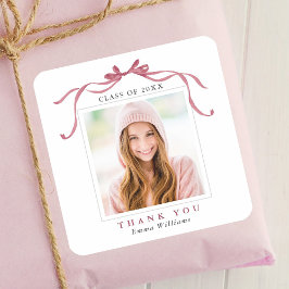Sticker Carré Elegant Deep Blush Bow Graduation Photo Thank You 