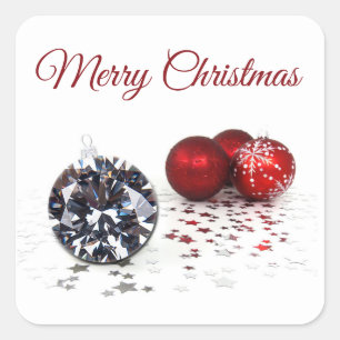 Sticker Carré Élégant Diamant et Ornements de Noël Rouge