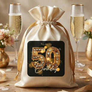 Sticker Carré Élégant Diamants Or Noir Bijou 50e Anniversaire
