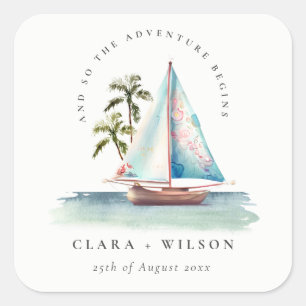 Sticker Carré Elégant Dusky Turquoise Sailboat Palm Mariage mari