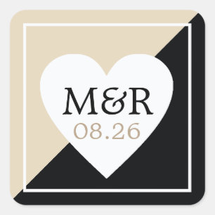 Sticker Carré élégant et classe coeur amour noir/beige mariage