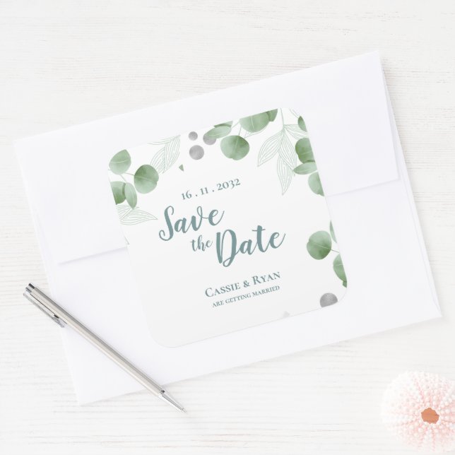 Sticker Carré Elégant Eucalyptus Verdure Mariage Enregistrer la  (Enveloppe)