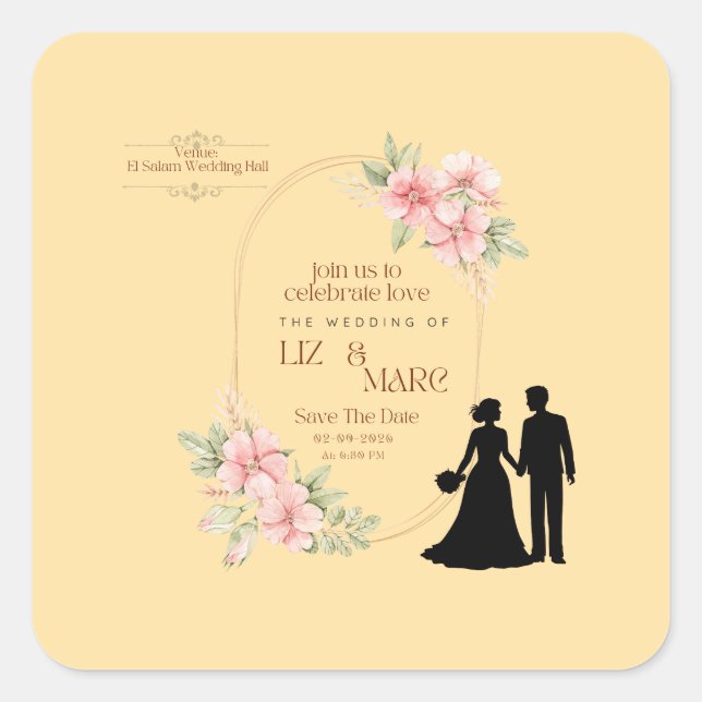 Sticker Carré Élégant Faire-part de mariage Floral (Devant)