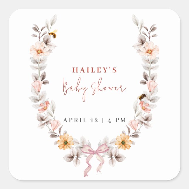 Sticker Carré Elégant Fleur sauvage Boho Baby shower de couronne (Devant)