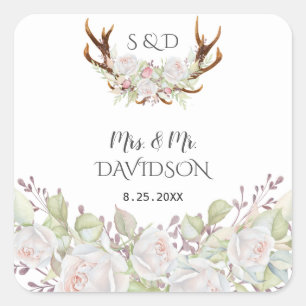 Sticker Carré Elégant Fleurs blanches Antlers Monogram Mariage