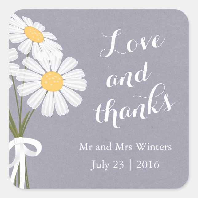 Sticker Carré Élégant floral blanc marguerites Merci Mariage (Devant)