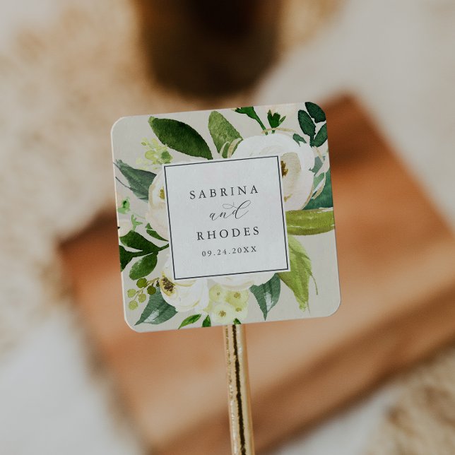 Sticker Carré Élégant floral blanc | Phoques d'enveloppes de cha (Créateur téléchargé)