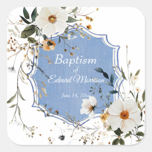 Sticker Carré Élégant floral Dusty Baptême bleu