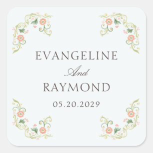 Sticker Carré Élégant floral rococo aquarelle mariage
