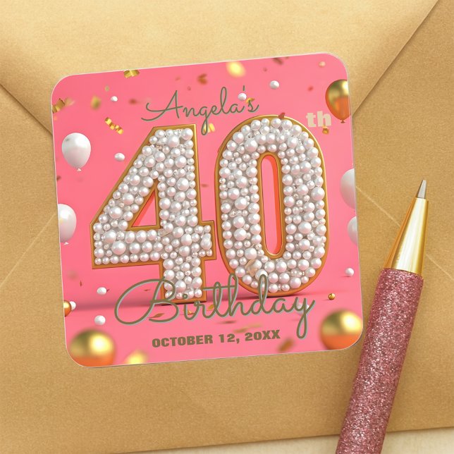 Sticker Carré Elégant Glam Chic Pink Gold Pearly 40th Birthday (Créateur téléchargé)