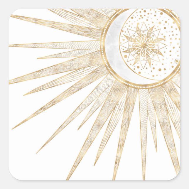 Sticker Carré Elegant Gold Doodles Sun Moon Mandala Design (Devant)