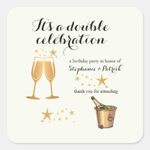 Sticker Carré Elégant Gold Double Célébration Anniversaire conjo