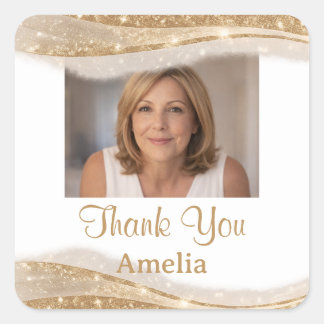 Sticker Carré Elegant Gold Glitter Photo Thank You Birthday