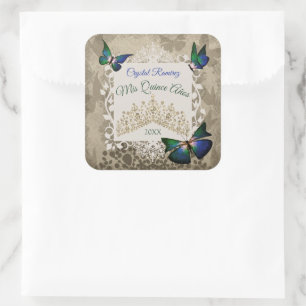 Sticker Carré Elégant Green Gold Tiara Party Favoriser Quinceane