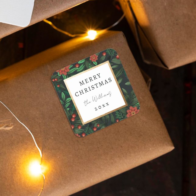 Sticker Carré Élégant Holly Berries Foliage Joyeux Noël (Créateur téléchargé)