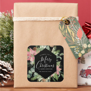 Sticker Carré Elégant Joyeux Noël Aquarelle Flore Verdure