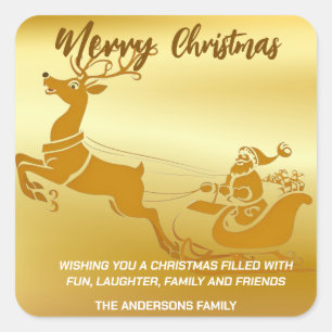 Sticker Carré Élégant Joyeux Noël Gold père Noël Sled xmas