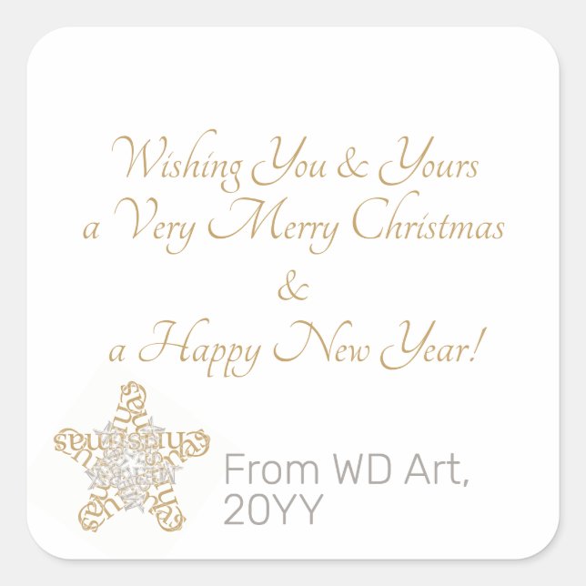 Sticker Carré Elégant Joyeux Or de Noël, Calligraphie Argent (Devant)